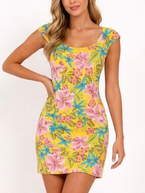 Vintage Tommy Hilfiger Tropical Floral Dress Size 6 Yellow Y2K Hawaiian Mini